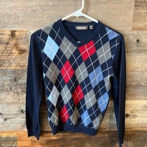 Pure Stuff sweater for boys.  M 10/12 v- neck very nice and soft. Blues/red/grey